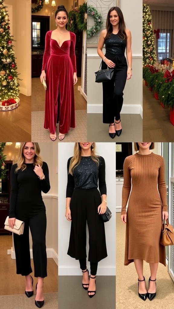 A collage of alternative Christmas party outfits including a jumpsuit, maxi dress, tailored trousers, sweater dress, and midi skirt, with festive accessories.